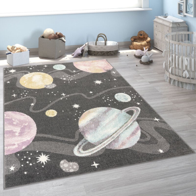 Tapis Enfant Tapis Chambre Enfant Fille Garcon Espace Planète Etoiles Anthracite 80x150 cm - Paco Home