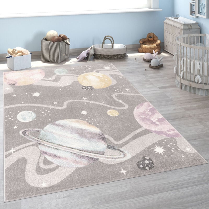 Tapis Enfant Tapis Chambre Enfant Fille Garcon Espace Planète Etoiles Gris 200 cm rond - Paco Home