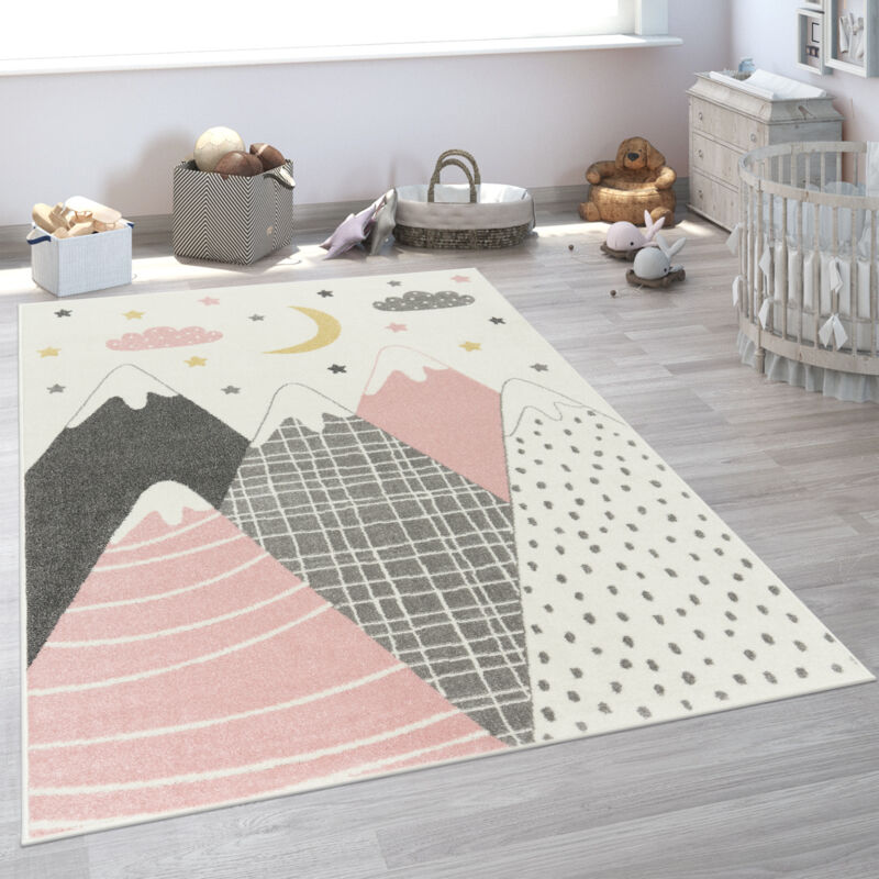 Tapis Enfant Tapis Chambre Enfant Fille Garcon Montagne Etoile Nuage Rose 160 cm rond - Paco Home