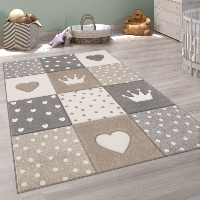 Paco Home Tapis Enfant Tapis Chambre Enfant Fille Garcon Pastel 3D Pois Coeur Beige 133 cm carré