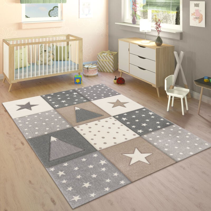 Tapis Enfant Tapis Chambre Enfant Fille Garcon Pastel 3D Pois Etoile Beige Gris 120x170 cm - Paco Home