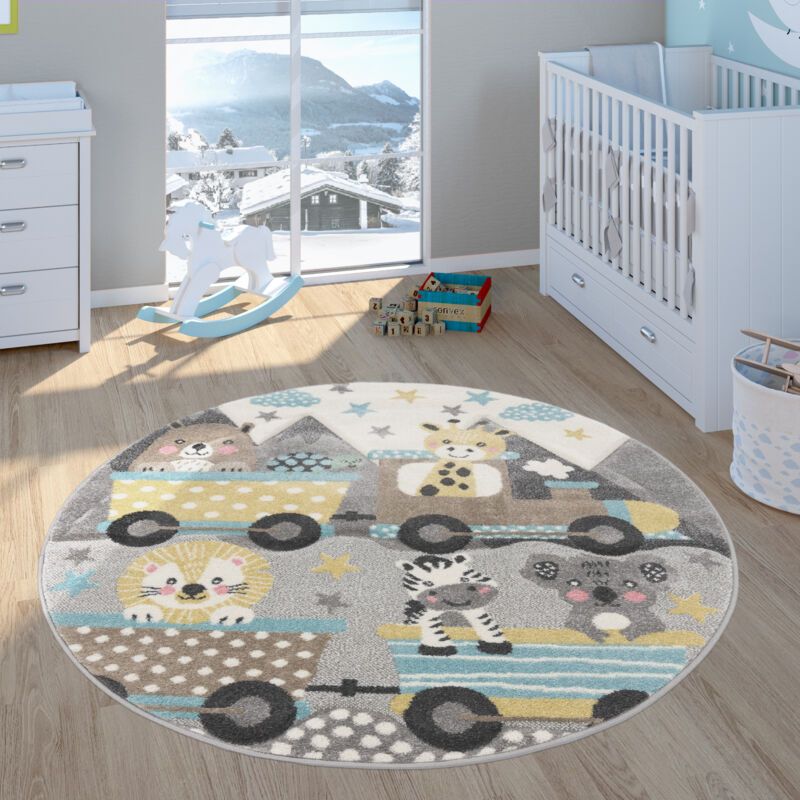 Tapis Enfant Tapis Chambre Enfant Garçon Fille Effet 3D Motif Animal Gris Jaune 120 cm rond - Paco Home
