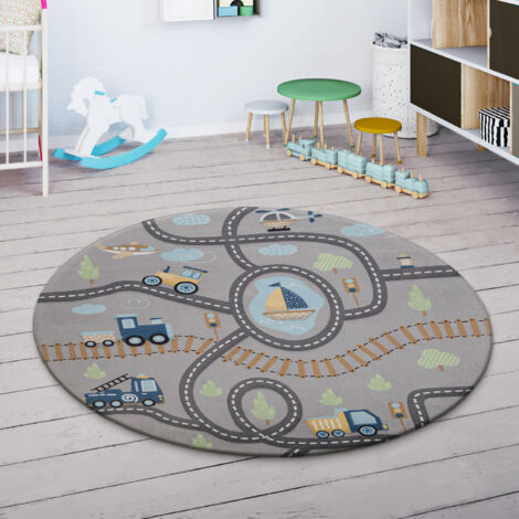 Paco Home Tapis Enfant Tapis Chambre Enfant Rue Voitures Avion Pelleteuse Bateau Gris Vert 150 cm Rund (de)
