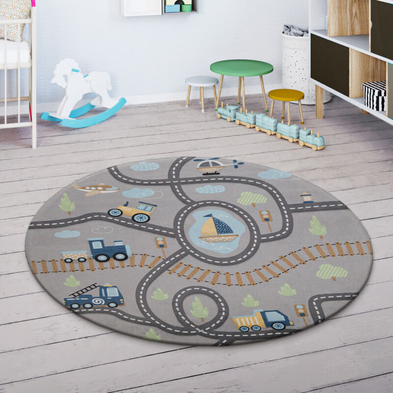 Paco Home - Tapis Enfant Tapis Chambre Enfant Rue Voitures Avion Pelleteuse Bateau Gris Vert 80 cm rond
