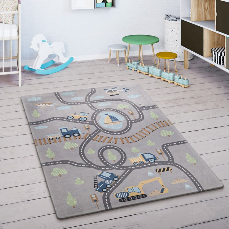 Tapis Enfant Tapis Chambre Enfant Rue Voitures Avion Pelleteuse Bateau Gris Vert 80x150 cm - Paco Home