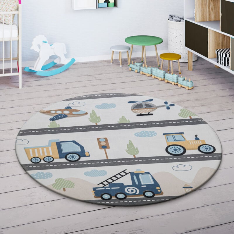 Tapis Enfant Tapis Chambre Enfant Voitures Rue Motif Montagne Nuage Crème Bleu 80 cm rond - Paco Home