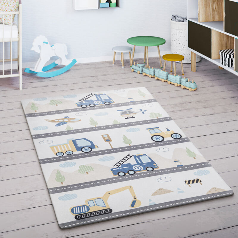 Tapis Enfant Tapis Chambre Enfant Voitures Rue Motif Montagne Nuage Crème Bleu 120x160 cm - Paco Home