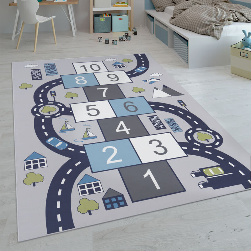 Tapis Enfant, Tapis Poils Ras Chambre Enfant Différents Designs Tapis Jeu Coloré Gris, 200 cm rond - Paco Home