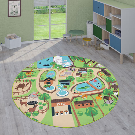 Paco Home Tapis Enfant, Tapis Poils Ras Chambre Enfant Différents Designs Tapis Jeu Coloré Beige, 160 cm rond