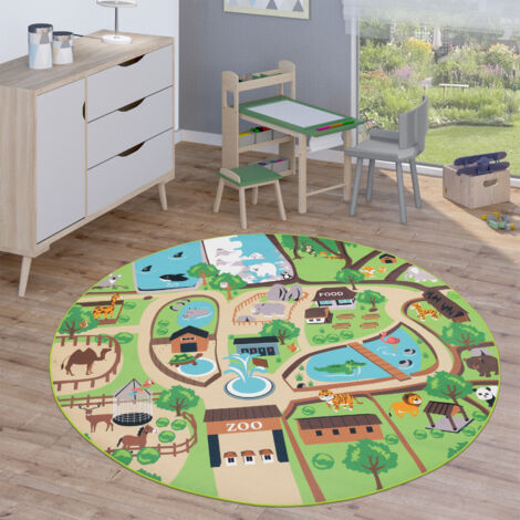 Paco Home Tapis Enfant Tapis Rond Chambre Enfant Tapis De Jeux Tapis Enfant Route Moderne Beige, 160 cm rond