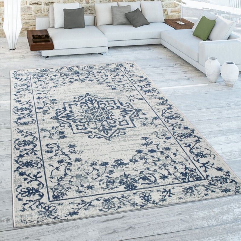 Paco Home - Tapis Ext. Résistant Intemp. Balcon Cuisine Oriental Ornements Crème Bleu Gris 80x150 cm