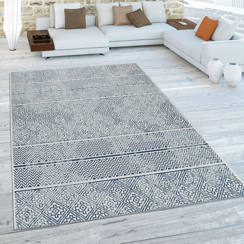 Paco Home - Tapis Ext. Résistant Intemp. Balcon Cuisine Vintage Moderne Marocain Bleu Crème 80x150 cm