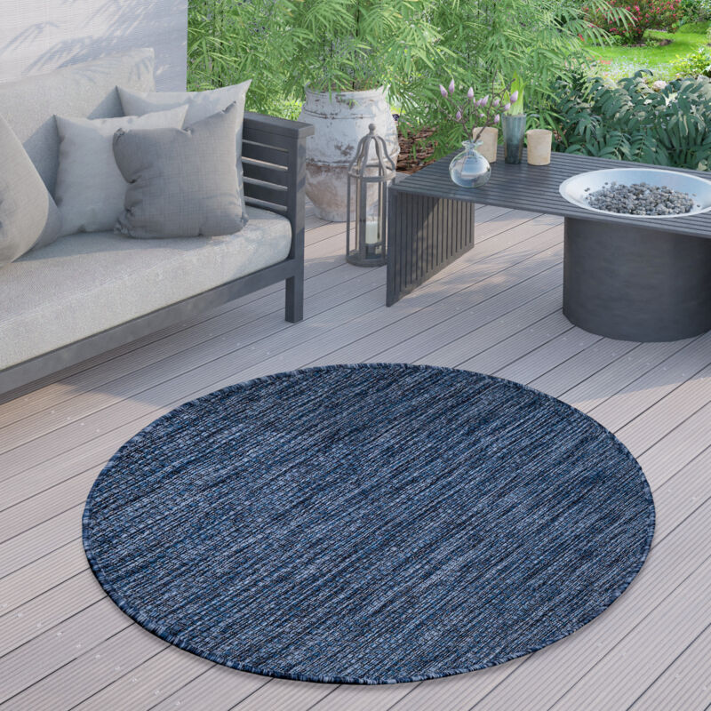 Paco Home - Tapis Extérieur Rond Résistant Intempéries Balcon Terrasse Cuisine Monochrome Bleu, 160 cm rond
