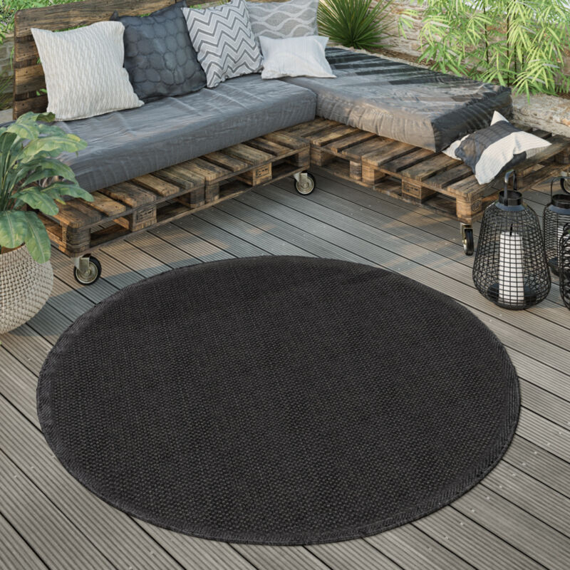 Paco Home - Tapis Extérieur Rond Résistant Intempéries Balcon Terrasse Cuisine Monochrome Noir, 160 cm rond