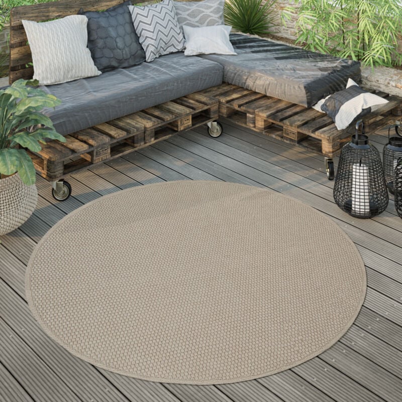 Paco Home Tapis Extérieur Rond Résistant Intempéries Balcon Terrasse Cuisine Monochrome Beige, 160 cm rond
