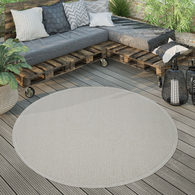 Paco Home - Tapis Extérieur Rond Résistant Intempéries Balcon Terrasse Cuisine Monochrome 200 cm rond, Ivoire
