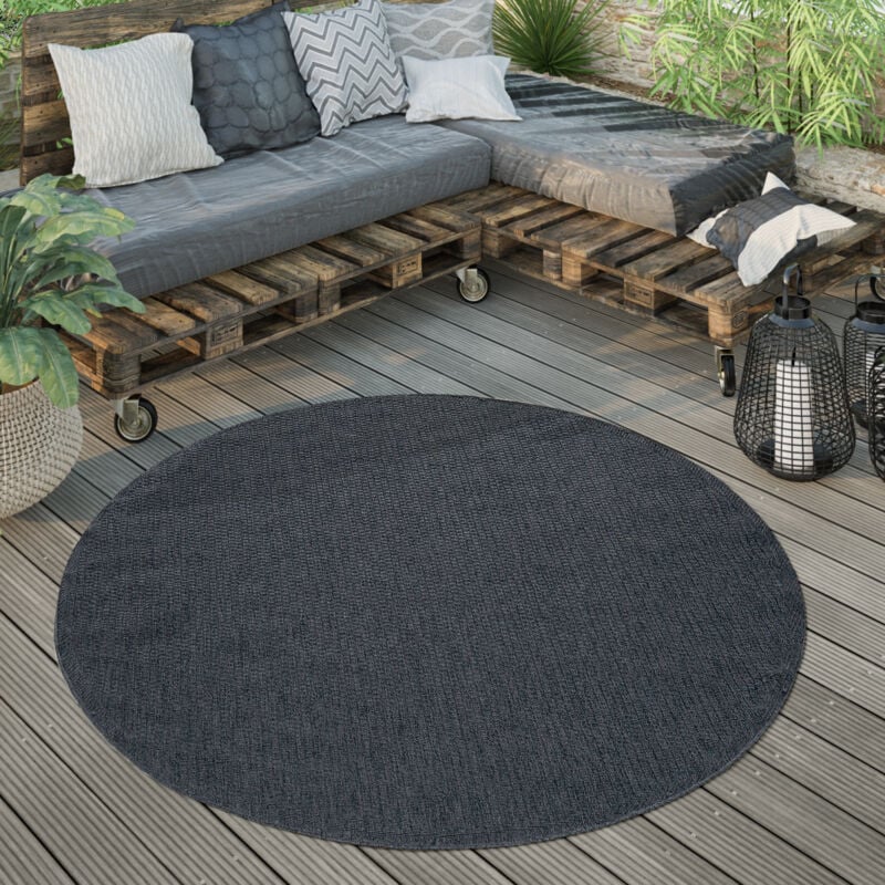 Paco Home - Tapis Extérieur Rond Résistant Intempéries Balcon Terrasse Cuisine Monochrome 160 cm rond, Bleu Marine