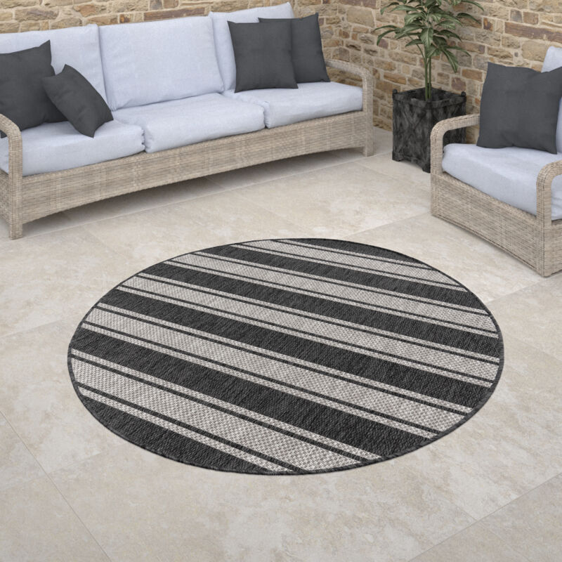 Paco Home - Tapis Exterieur Rond Terrasse Balcon Cuisine Geometrique Moderne Rayures Bordure Gris, 200 cm rond