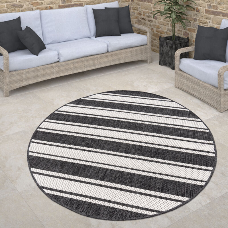 Paco Home - Tapis Exterieur Rond Terrasse Balcon Cuisine Geometrique Moderne Rayures Bordure 120 cm rond, Anthracite-Blanc