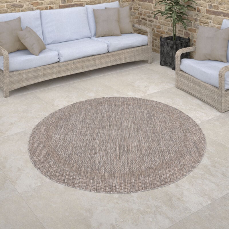 Paco Home Tapis Exterieur Rond Terrasse Balcon Cuisine Geometrique Moderne Rayures Bordure 200 cm rond, Naturelle
