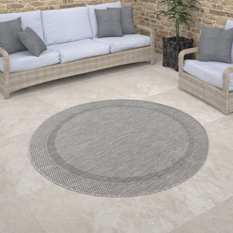 Paco Home - Tapis Exterieur Rond Terrasse Balcon Cuisine Geometrique Moderne Rayures Bordure 160 cm rond, Gris 2