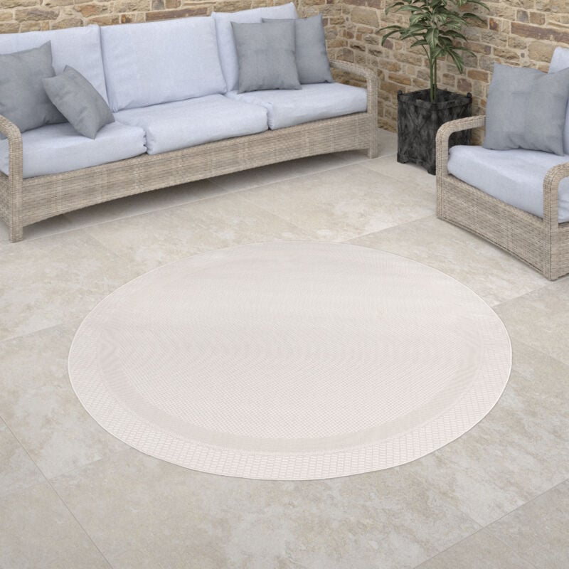 Paco Home - Tapis Exterieur Rond Terrasse Balcon Cuisine Geometrique Moderne Rayures Bordure Blanc, 120 cm rond