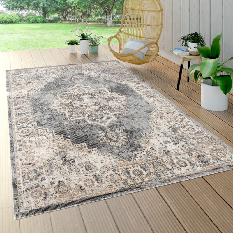 Paco Home - Tapis Exterieur Terrasse Balcon Tapis Cuisine Motif Marocain Ornements Gris 160 cm rond