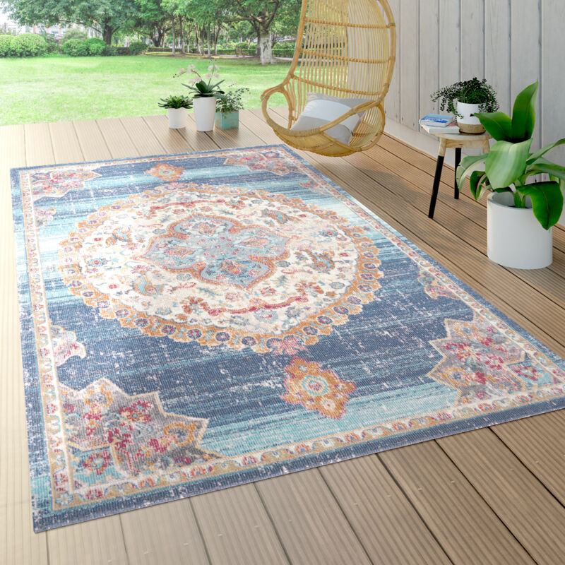 Paco Home - Tapis Exterieur Terrasse Balcon Tapis Cuisine Motif Oriental Bordure Bleu Beige 160x230 cm
