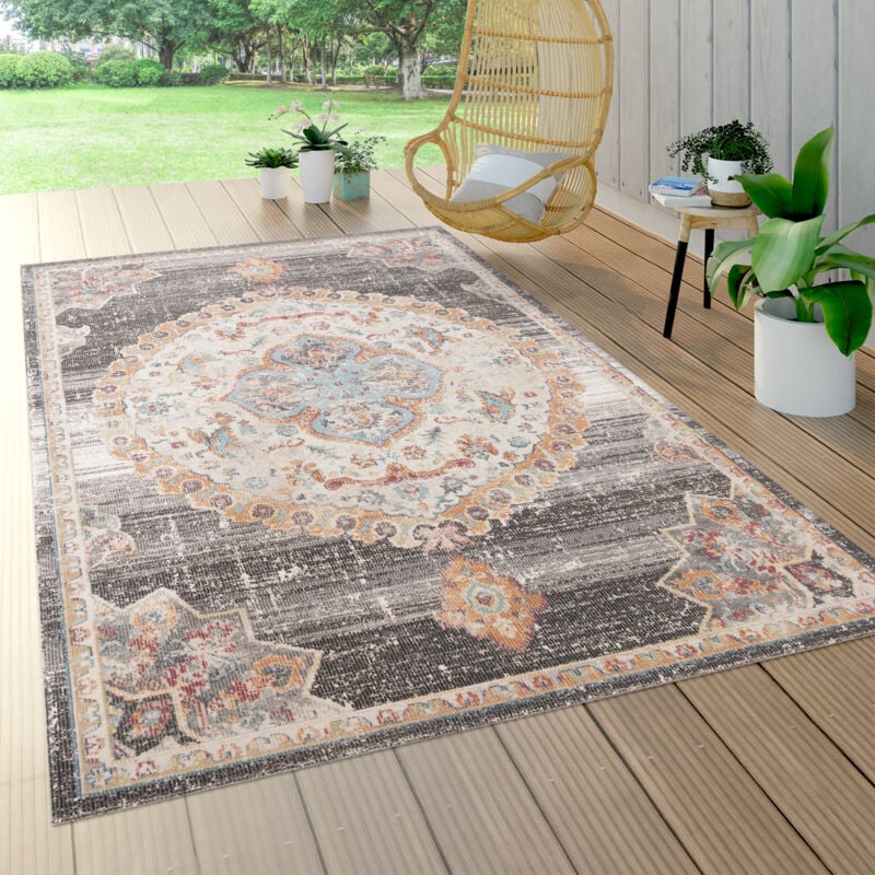 Paco Home Tapis Exterieur Terrasse Balcon Tapis Cuisine Motif Oriental Bordure Gris Beige 200 cm rond