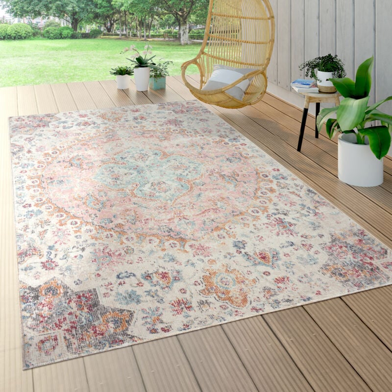 Paco Home - Tapis Exterieur Terrasse Balcon Tapis Cuisine Motif Oriental Vintage Rose Crème 160 cm rond