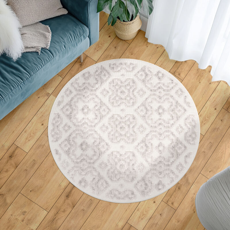 Tapis Exterieur Terrasse Balcon Tapis Cuisine Scandinave Geometrique 3D Crème 120 cm rond - Paco Home