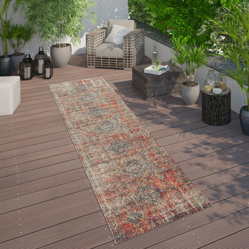 Paco Home - Tapis Extérieur Terrasse Rouge Balcon Oriental Design Résistant aux intempéries 80x250 cm