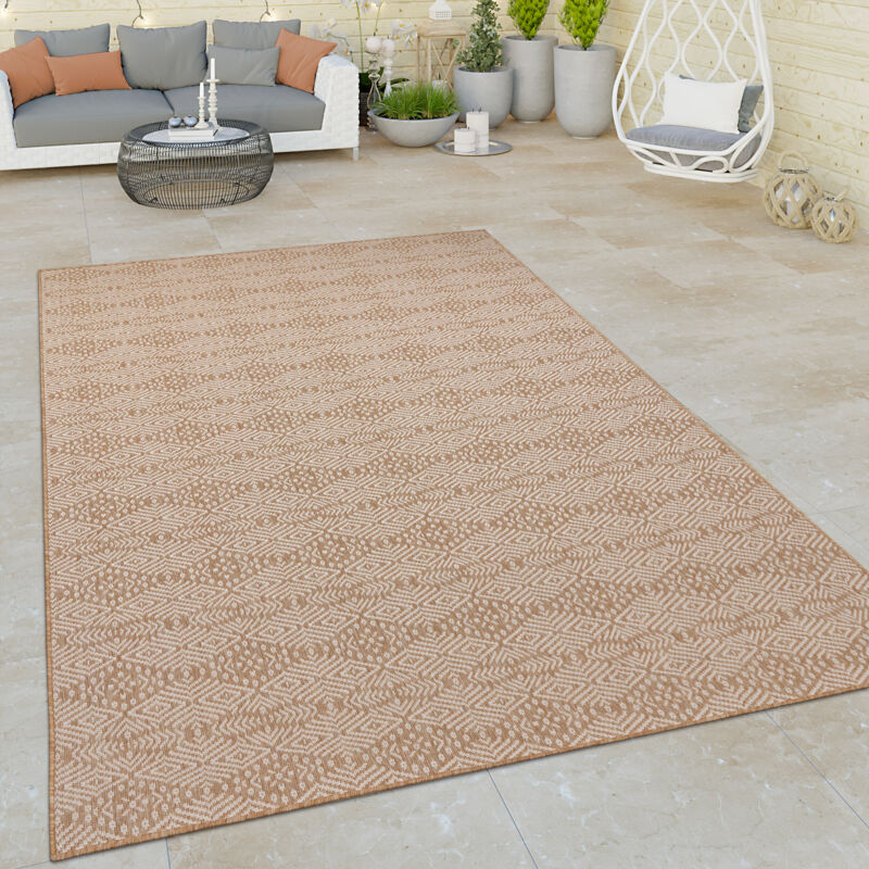 Paco Home Tapis Exterieur Terrasse Salon Cuisine Boho Geometrique Losange Crème Taupe 80x150 cm