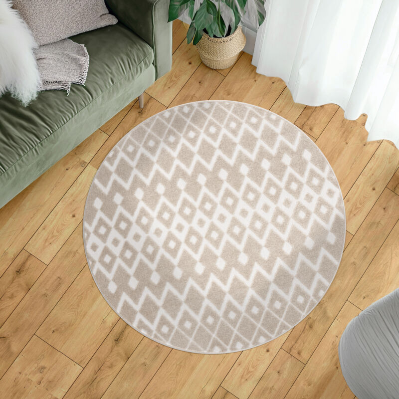 Paco Home Tapis Exterieur Terrasse Salon Cuisine Boho Scandinave Geometrique 3D Beige 160 cm rond