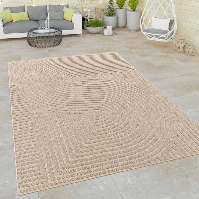 Paco Home - Tapis Exterieur Terrasse Salon Cuisine Motif Abstrait Rayures 3D Beige Crème 160x230 cm