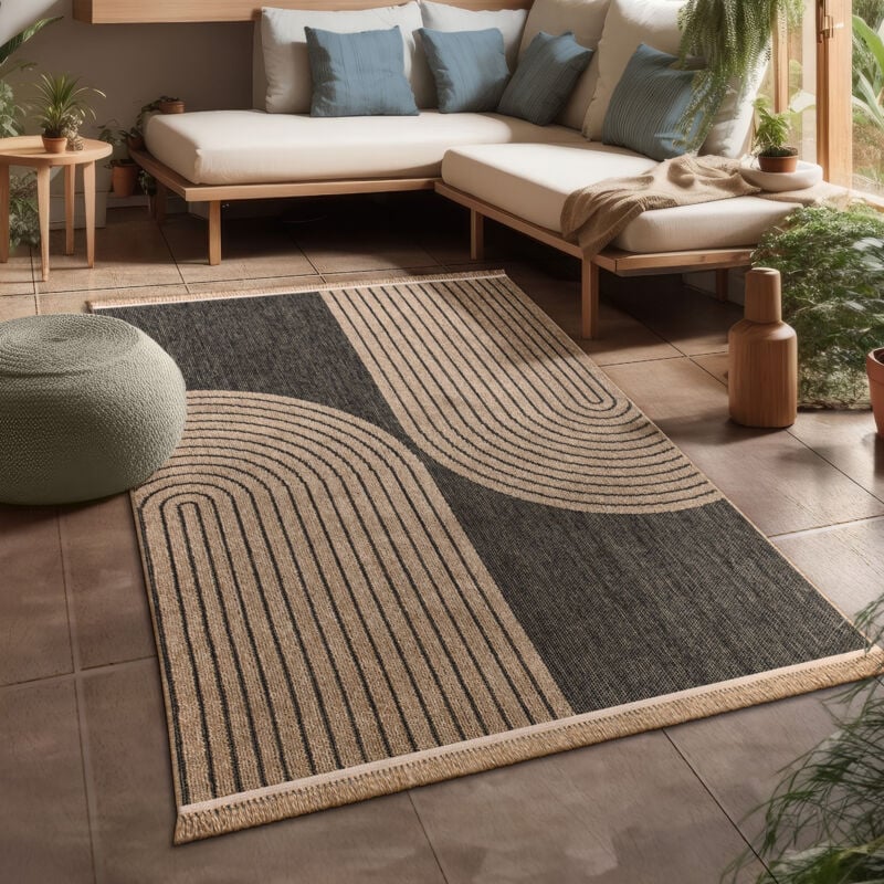 Paco Home Tapis Exterieur Terrasse Salon Cuisine Motif Boho Motif Fleuri Geometrique 160x220 cm, Anthracite