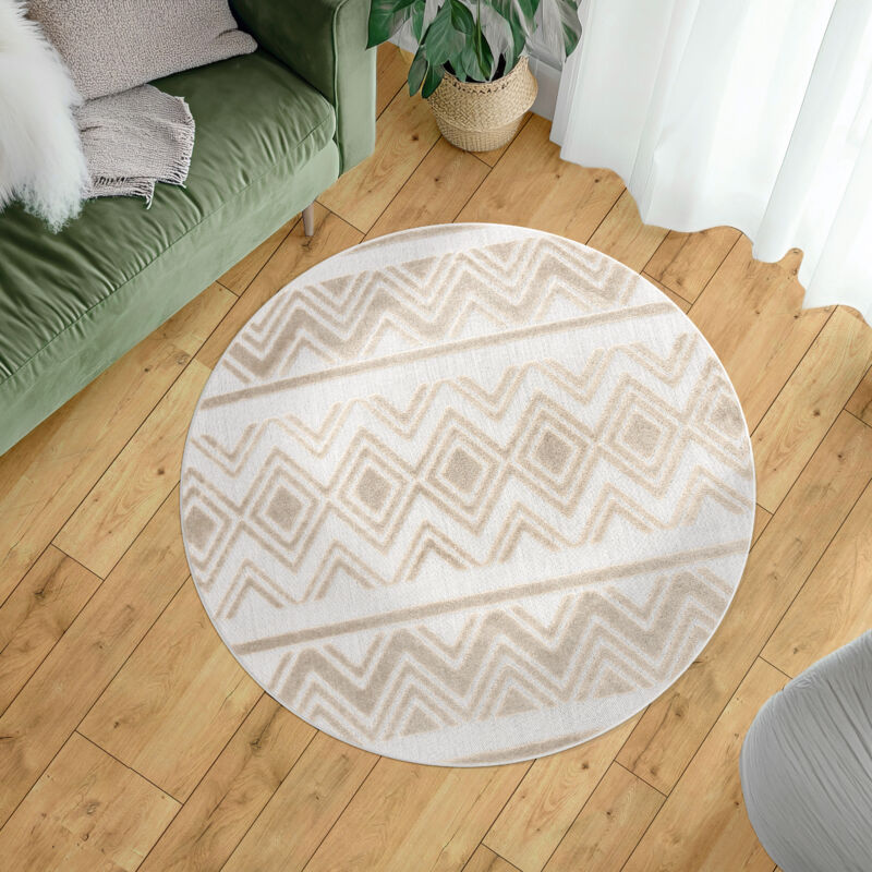 Paco Home Tapis Exterieur Terrasse Salon Cuisine Motif Boho Uni 3D Motif Scandinave Beige 200 cm rond