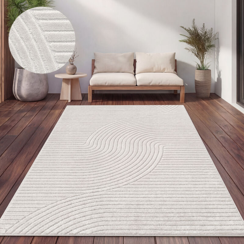 Paco Home - Tapis Exterieur Terrasse Salon Cuisine Motif Scandinave Motif Boho Uni 200x290 cm, Crème 2