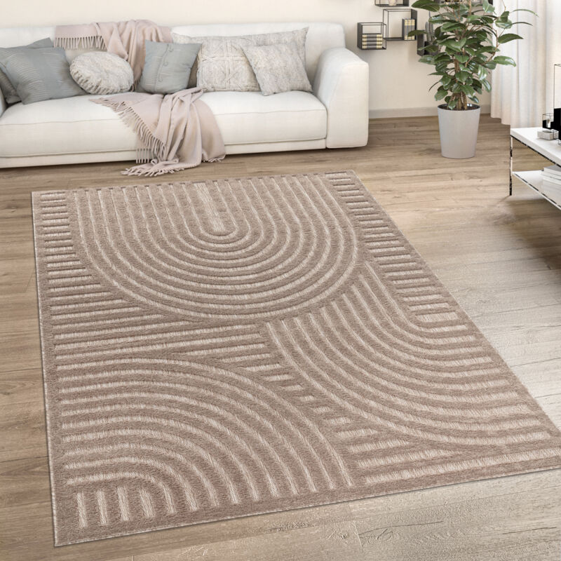 Paco Home - Tapis Exterieur Terrasse Salon Cuisine Motif Scandinave Motif Ethnique Uni 120 cm rond, Beige 4