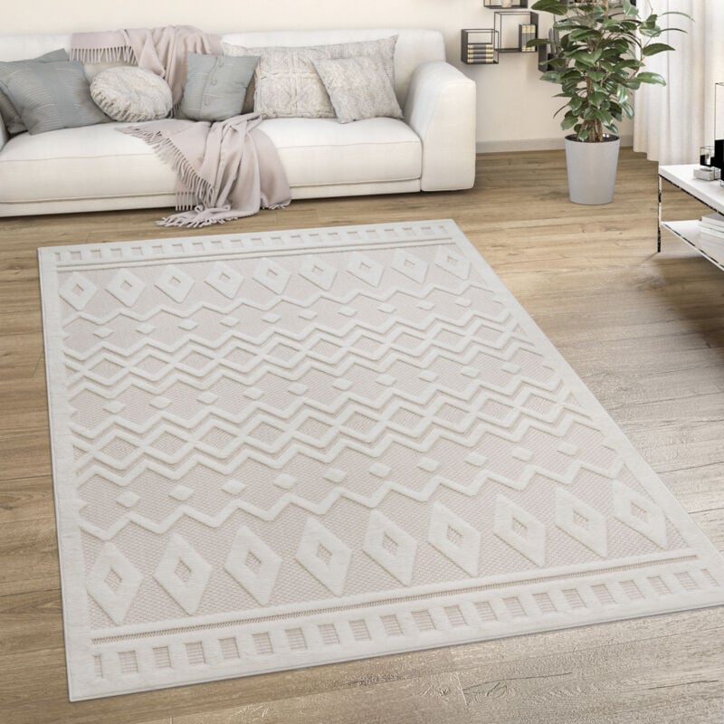 Paco Home - Tapis Exterieur Terrasse Salon Cuisine Motif Scandinave Motif Ethnique Uni 160x220 cm, Crème 3