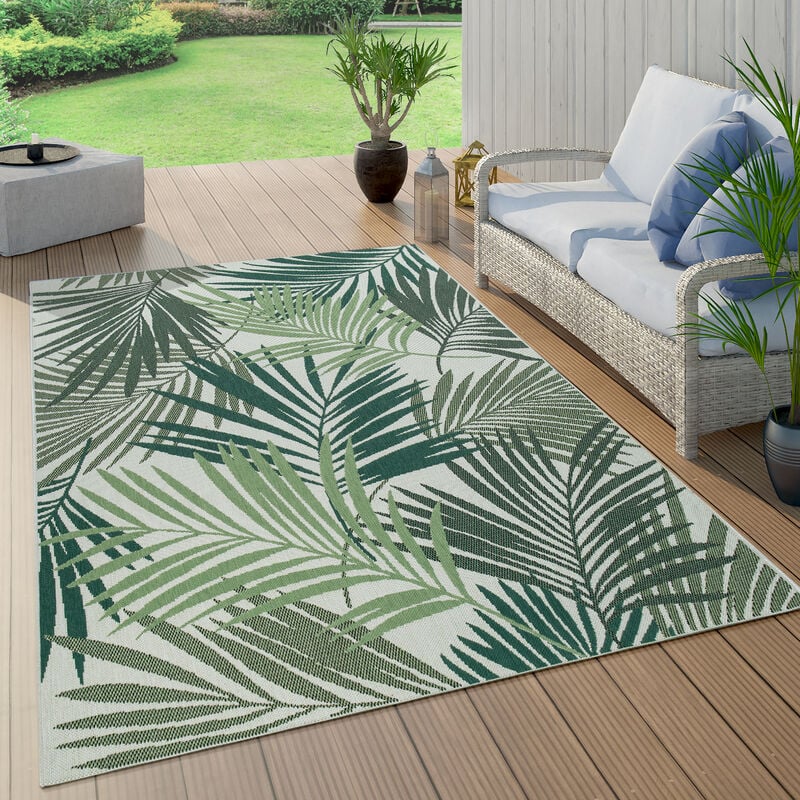 Paco Home - Tapis Exterieur Terrasse Salon Cuisine Palmiers Jungle Fleuri Motif Boho Vert Vert, 120 cm rond