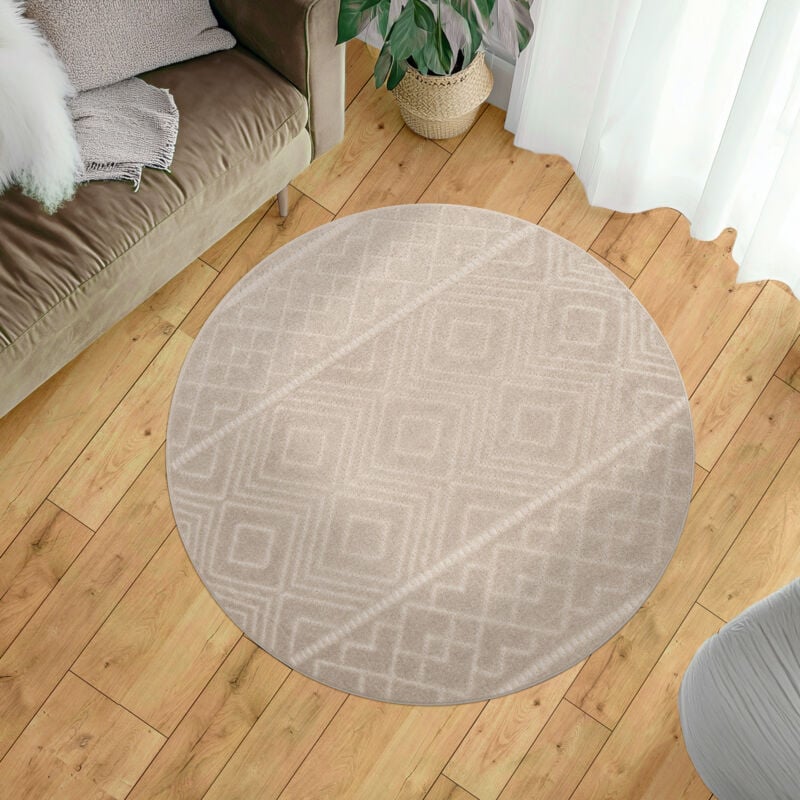 Paco Home - Tapis Exterieur Terrasse Salon Cuisine Scandinave Boho Motif Geometrique Beige 120 cm rond