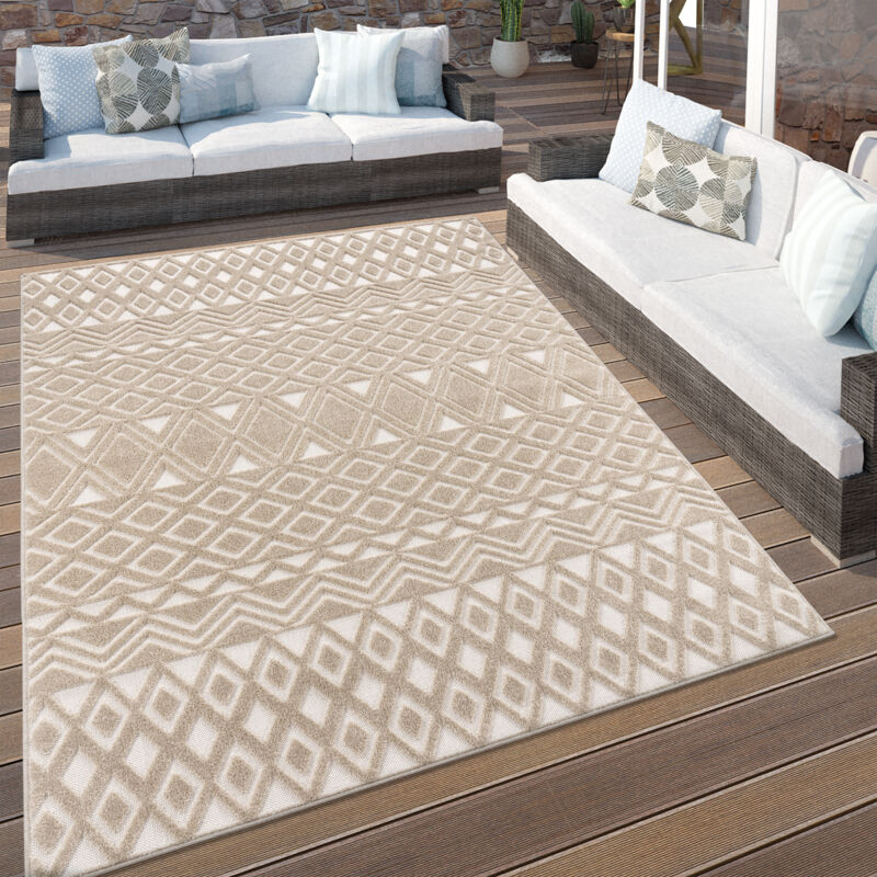 Tapis Exterieur Terrasse Salon Cuisine Scandinave Motif Boho 3D Pelucheux Beige 60x100 cm - Paco Home