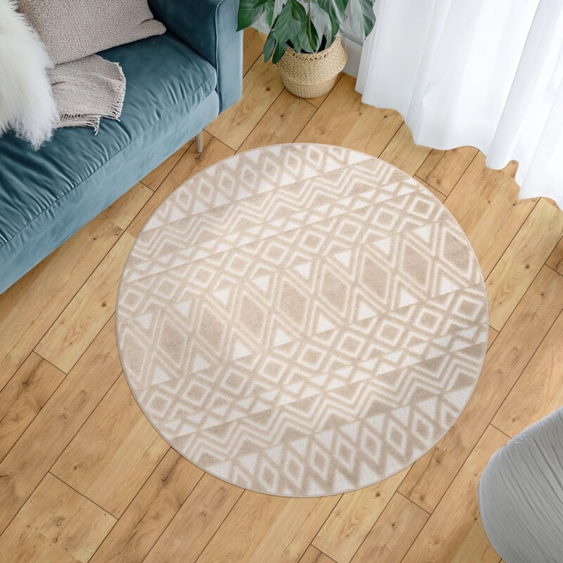 Paco Home - Tapis Exterieur Terrasse Salon Cuisine Scandinave Motif Boho 3D Pelucheux Beige 120 cm rond