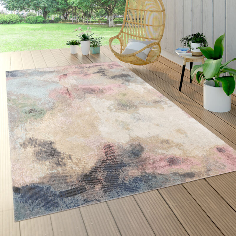 Paco Home - Tapis Exterieur Terrasse Salon Cuisine Vintage Motif Abstrait Pastel Beige Rose 200 cm rond