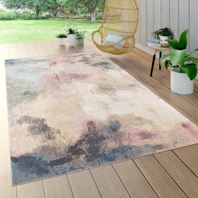 Paco Home - Tapis Exterieur Terrasse Salon Cuisine Vintage Motif Abstrait Pastel Beige Rose 160 cm rond