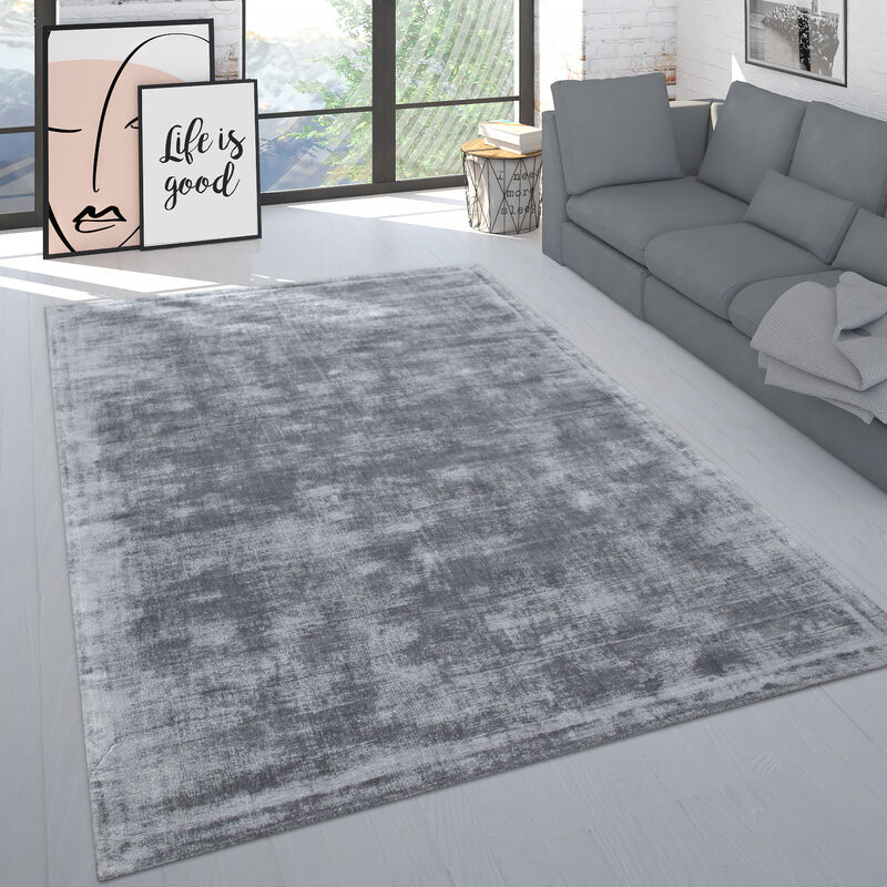 Tapis Fait Main Haut De Gamme Uni Poils Ras Moderne Mélange De Matières En Gris 80x150 cm - Paco Home