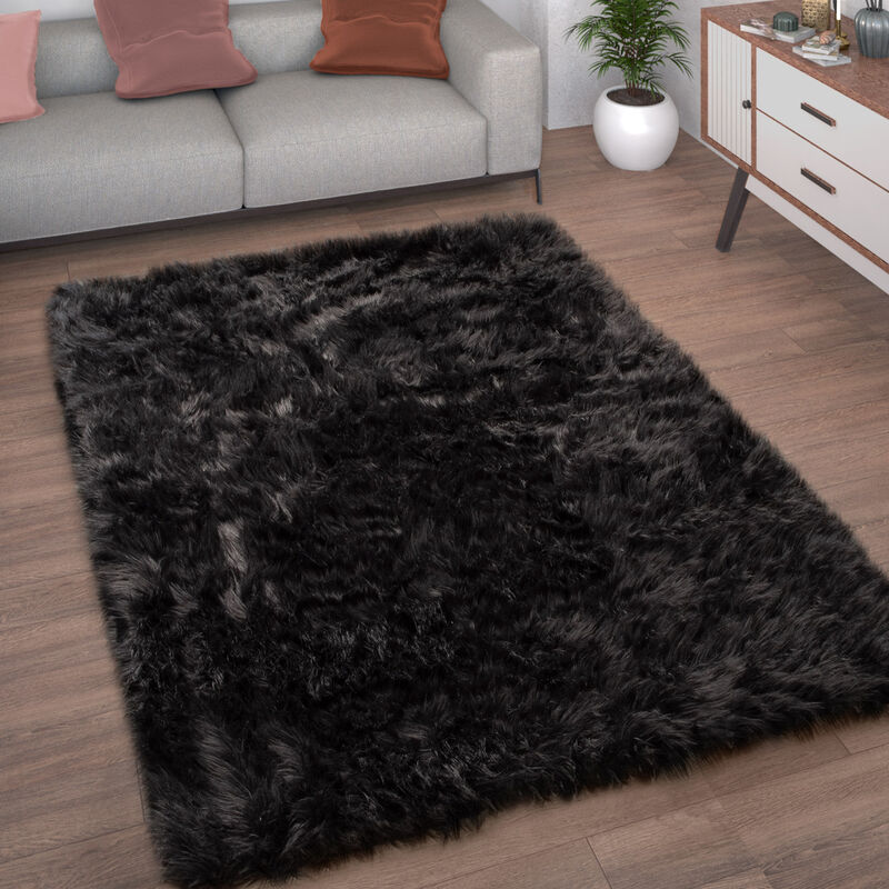 Tapis De Salon Fausse Fourrure Imitation Shaggy Coussins De Sol Forme Cœur Rond 60x100 cm, Noir - Paco Home
