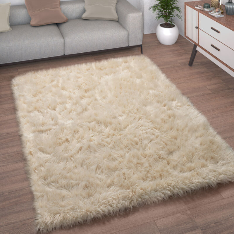 Paco Home Tapis De Salon Fausse Fourrure Imitation Shaggy Coussins De Sol Forme Cœur Rond 60x100 cm, Crème