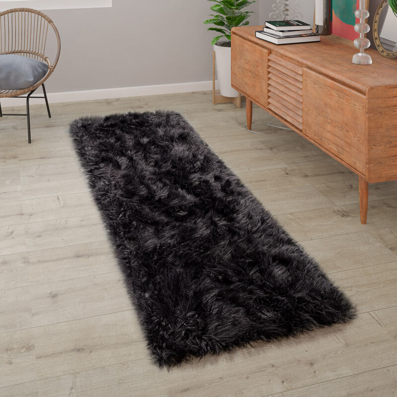 Paco Home Tapis De Salon Fausse Fourrure Imitation Shaggy Coussins De Sol Forme Cœur Rond Noir, 50x150 cm